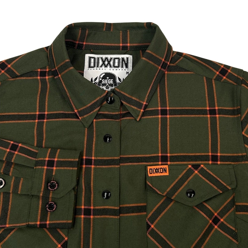 Dixxon Flannel Co Siege Snap Shirt Womens M Olive Green Orange Plaid D-Tech - Picture 3 of 11